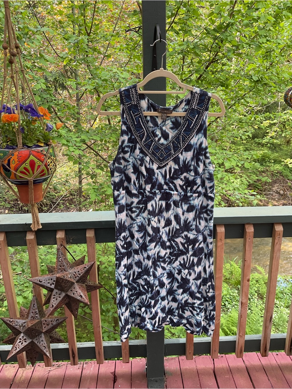 Tommy Bahama Navy & White Beaded V-Neck Sleeveless Linen Dress - Picture 2 of 5